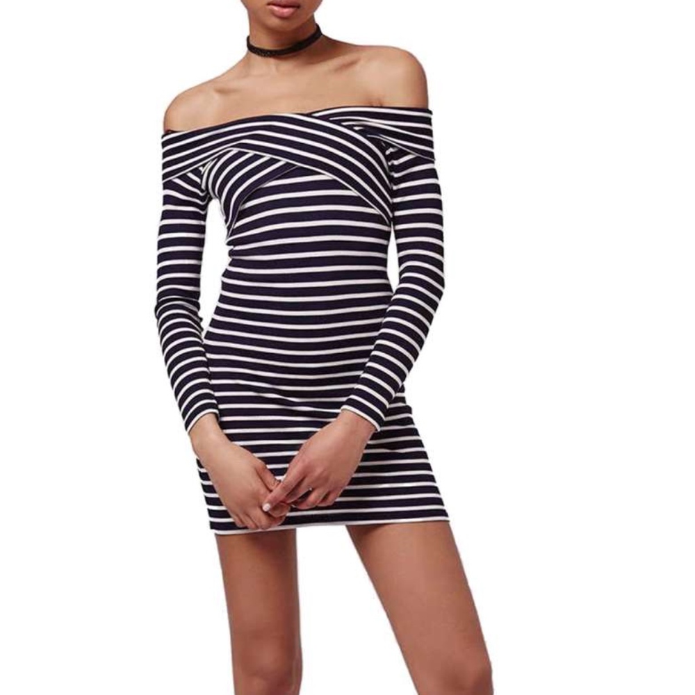 Stripe Off the Shoulder Dress TOPSHOP
